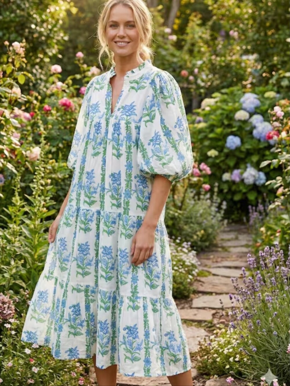 Karni Blue Green Block Print Tiered Summer Dress Women's Small Cottagecore